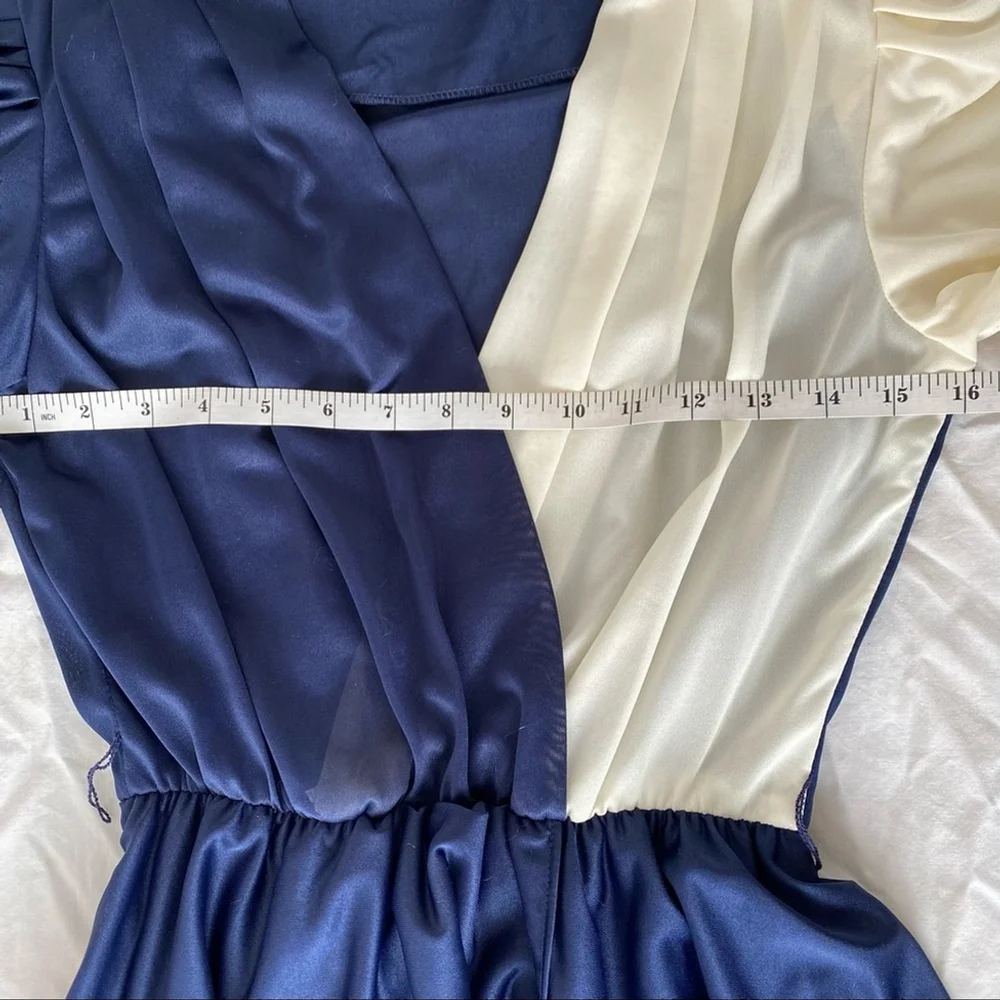 Vintage Sally Lou Colorblock Peplum Dress | Navy & Ivory Chiffon | 80s Midi | SM - Picture 8 of 11